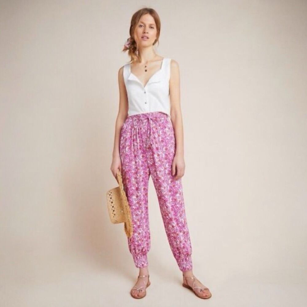 Anthropologie Women’s Pink White Floral Abstract Stretchy Joggers Size XL